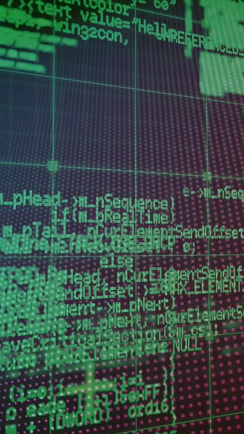 Vertical video: View tilting causing code scrolling, magenta grid shifting, Stock Footage 329613020