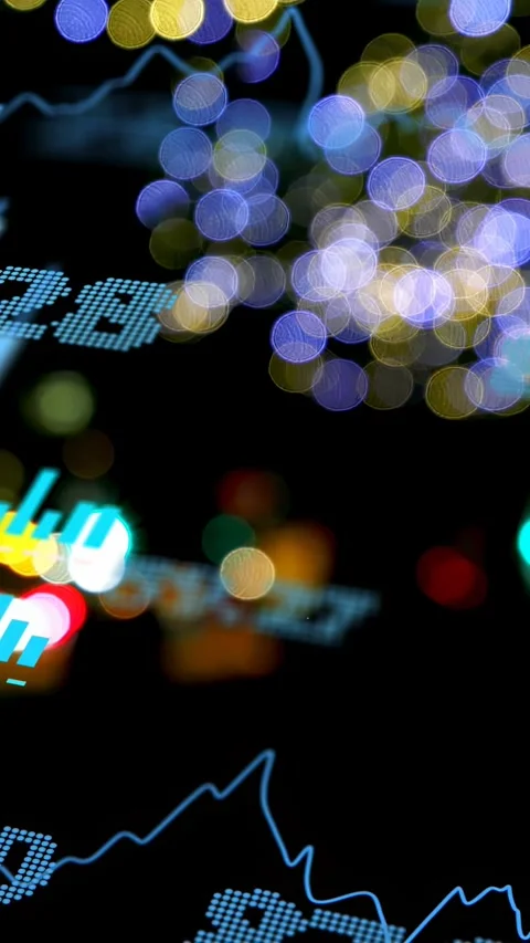 Vertical video: View tilting HUD charts sliding in and bokeh cluster shifting, Stock Footage 333259933
