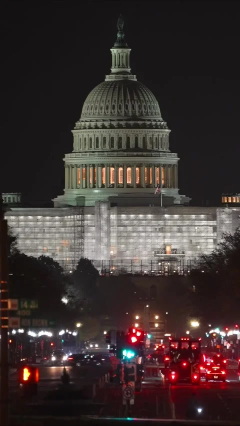 Vertical video view of the West side of the US Capitol building at night showing Stock Footage 314658197