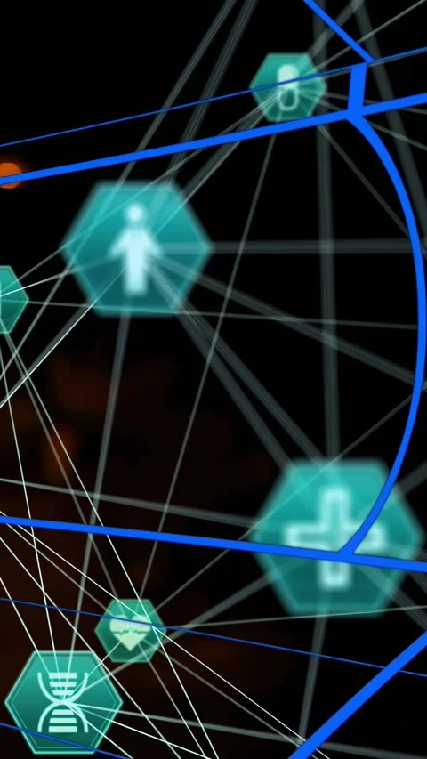 Vertical video: Viewpoint pan starting, teal hex nodes rotating, blurring, Stock Footage 333236327