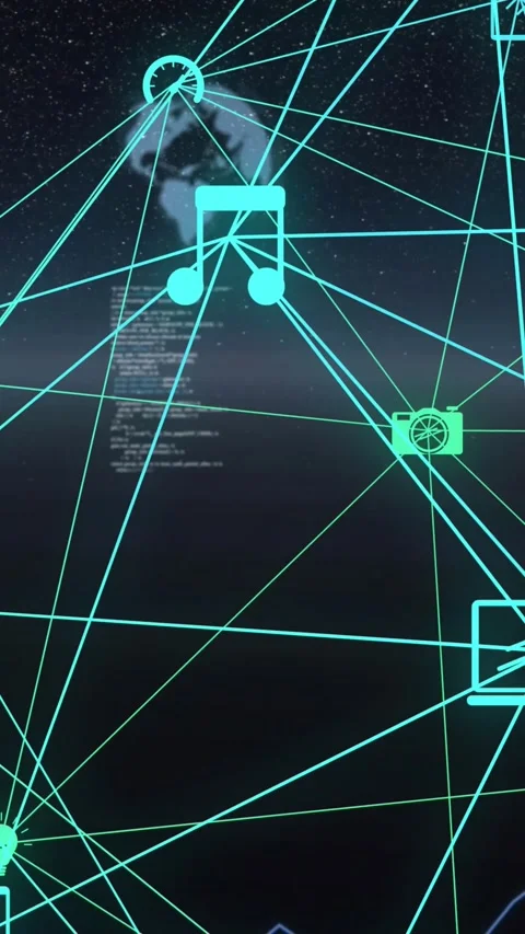 Vertical video: Viewpoint shifting up causing teal web revealing icons and Vídeo Stock 329128502