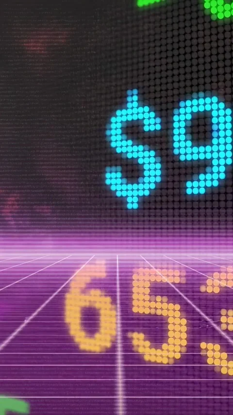 Vertical video: Viewport panning, dot-matrix digits scrolling across neon grid Stock Footage 332546934