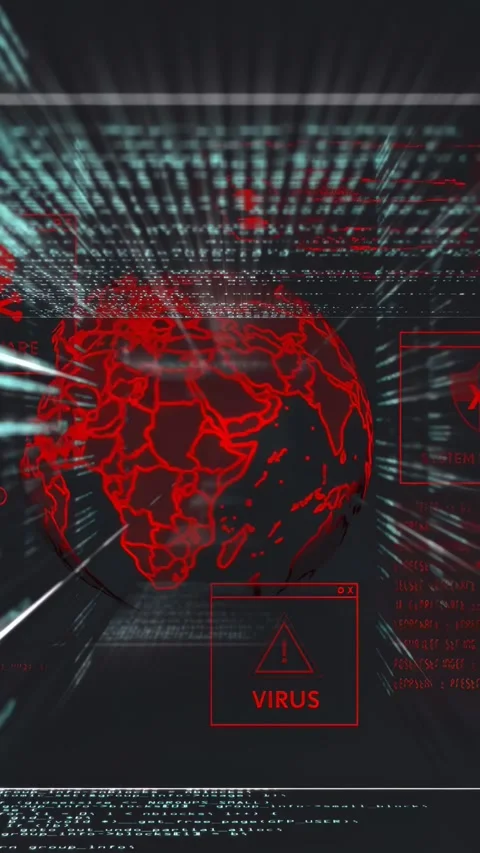 Vertical video: Virus alert popping red wireframe globe turning code rising Stock Footage 335355699