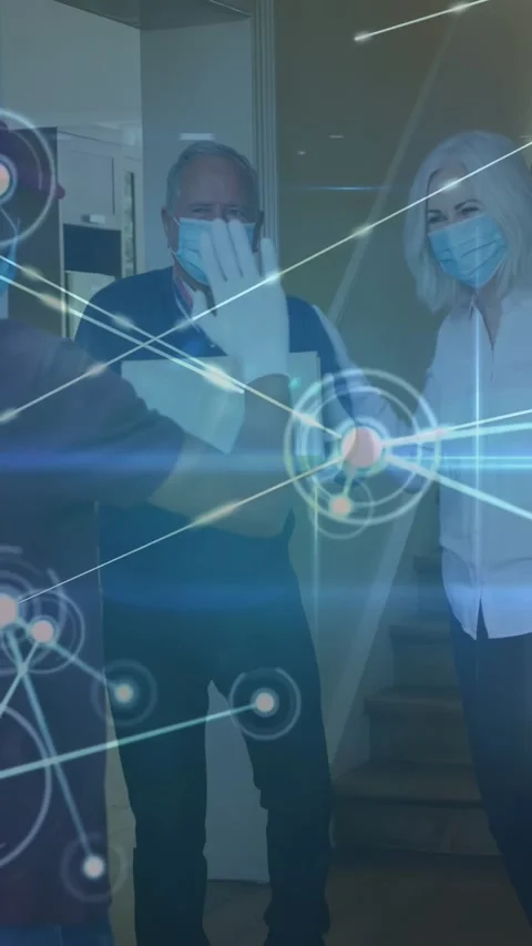Vertical video: Visitor handing package at doorway while HUD appearing, for Stock Footage 331047410