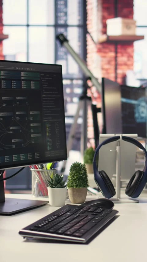 Vertical Video Visual coding interface active on a modern dual monitors setup Stock-Footage 308491258