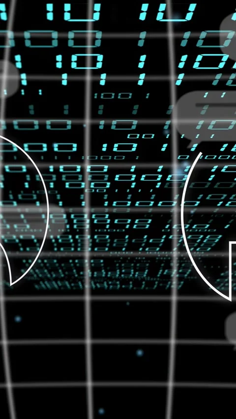 Vertical video: Void revealing grid, numerals scrolling, icons sliding, Stock Footage 335802706