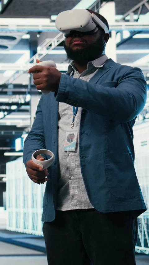 Vertical video VR glasses equipment used by server hub employee to do Stock Footage 330139117