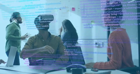 Vertical video: VR user gesturing, testing UI in IT meeting, team reacting as 스톡 동영상 331047925