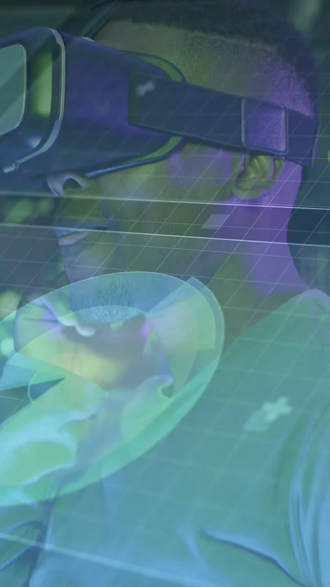 Vertical video: VR user wearing headset, voicing commands while pinching HUD to Video stock 333577650