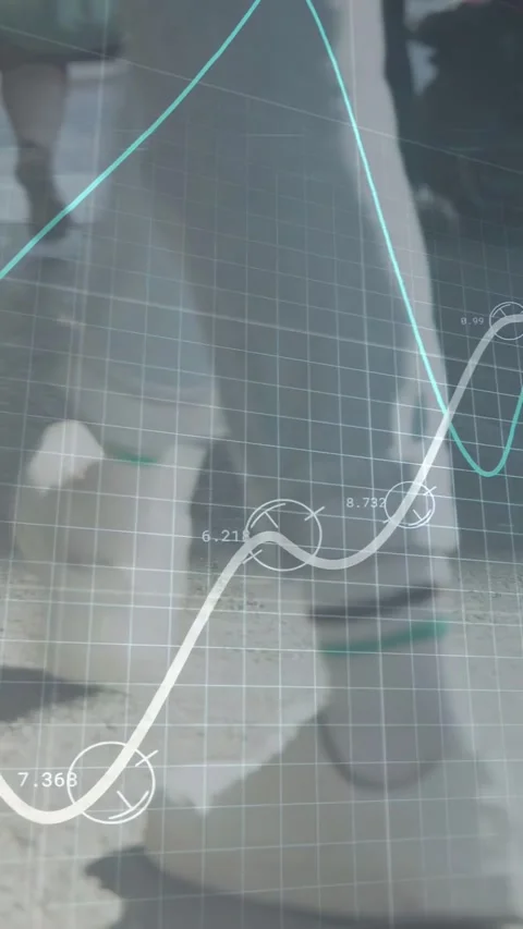 Vertical video: Walkers stepping on sidewalk, causing tech graphs and grid Stock Footage 334770757