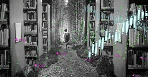 Vertical video: Walking boy with pack following overlays down library aisle past Stock Photos