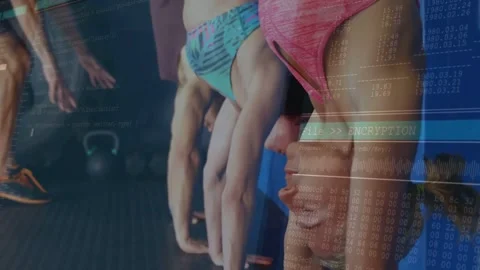 Vertical video: Walking coach cueing trio holding inverted on wall for form, in Stock Footage 331615063