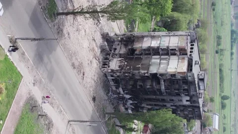 Vertical video of war in Ukraine - destroyed house Stock Footage 202153552