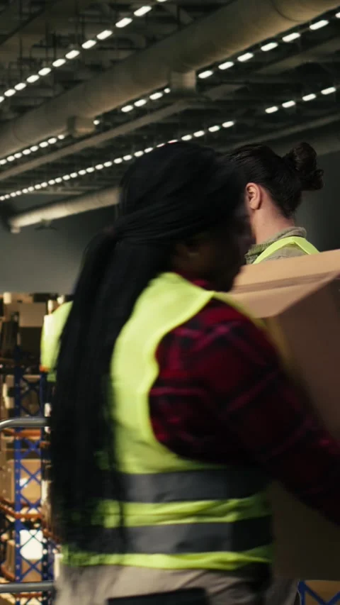 Vertical Video Warehouse employee, tracking software, tablet in warehouse Stock Footage 330139095