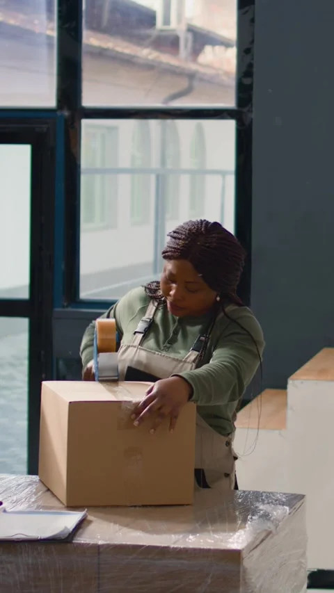 Vertical video Warehouse intern seals boxes parcels 스톡 동영상 249530440