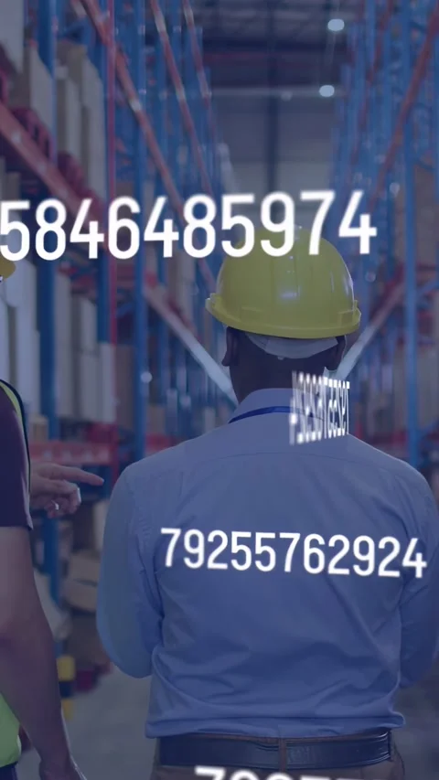 Vertical video: Warehouse lead checking tablet after staff pointing, AR data Stock Footage 334859672