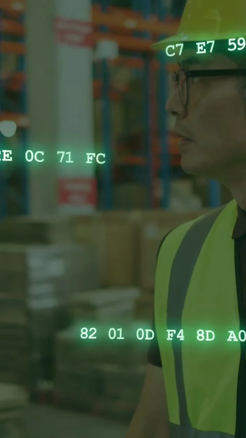 Vertical video: Warehouse man standing aisle scanner starting green codes across Stock Footage 334423249
