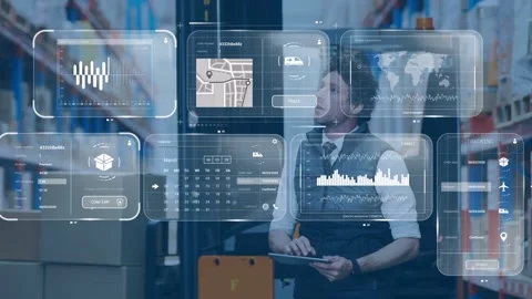 Vertical video: Warehouse manager tapping tablet after HUD prompt comparing maps Stock Footage 332804636