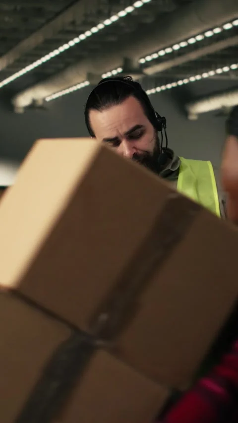 Vertical Video Warehouse operator, assisting clients, order fulfillment, package Stock Footage 330028238