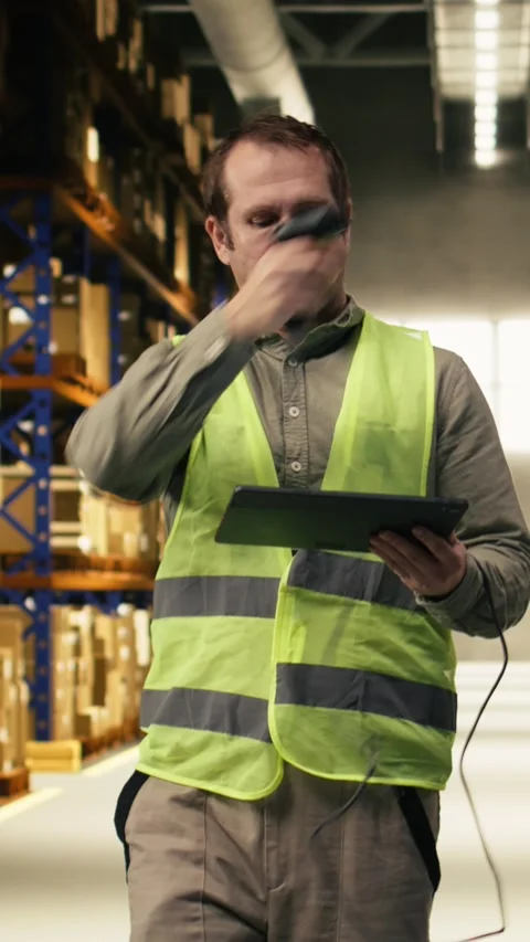 Vertical Video Warehouse staff scanning barcodes and shipment details on tablet Stock Footage 333090480