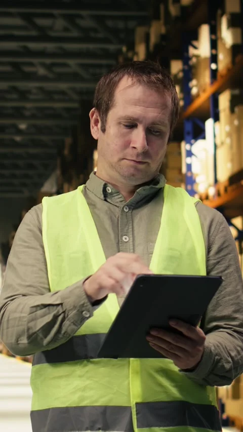 Vertical Video Warehouse staff with tablet handling cardboard boxes for order Stock Footage 333089660