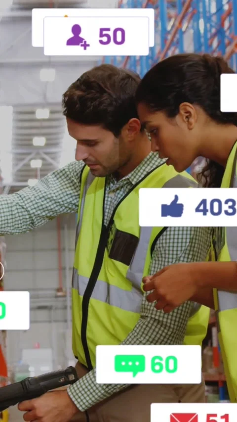 Vertical video: Warehouse team scanning shelf, scanner sparking icons then Stock Footage 333836008