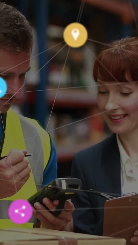 Vertical video: Warehouse team tapping scanner, causing bell and icons for Stock Footage 334547061
