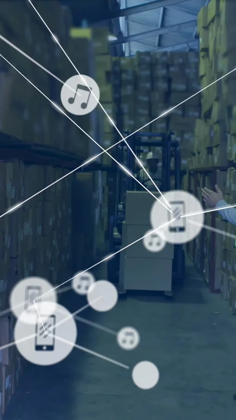 Vertical video: Warehouse tech aiming phone starting AR overlay nodes centering Stock Footage 331009412