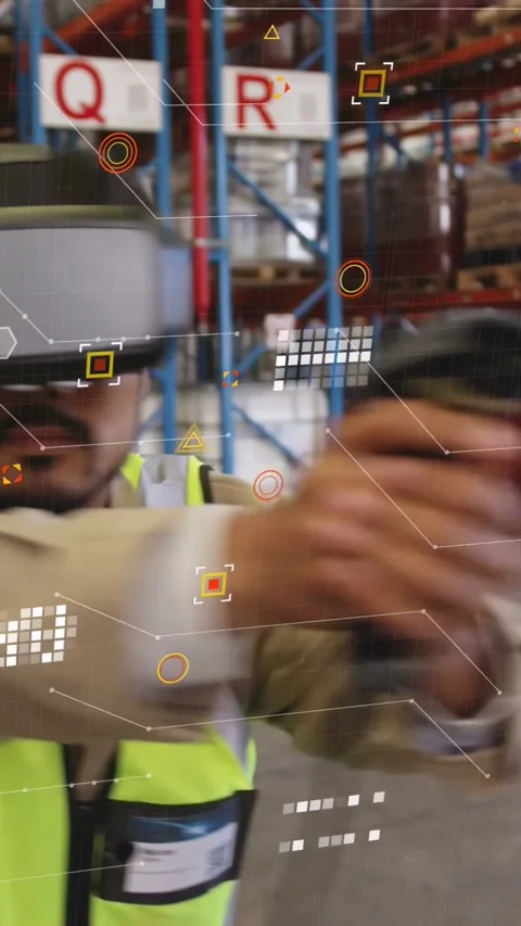Vertical video: Warehouse tech gripping VR wand and scanning lettered aisles, Stock Footage 333895724