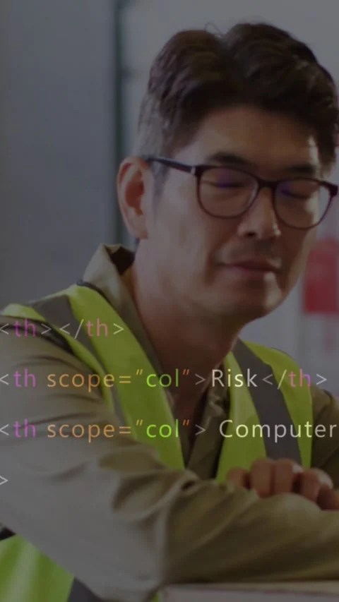 Vertical video: Warehouse tech leaning on box, hi vis vest, cyber terms Stock Footage 329961788