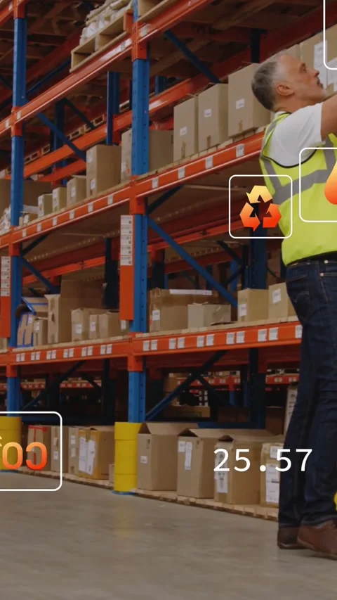 Vertical video: Warehouse tech shifting onto toes reaching top rack grabbing box Stock Footage 332278053