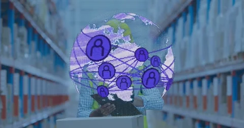 Vertical video: Warehouse tech tapping tablet, activating AR globe pulsing nodes Stock Footage 330540409