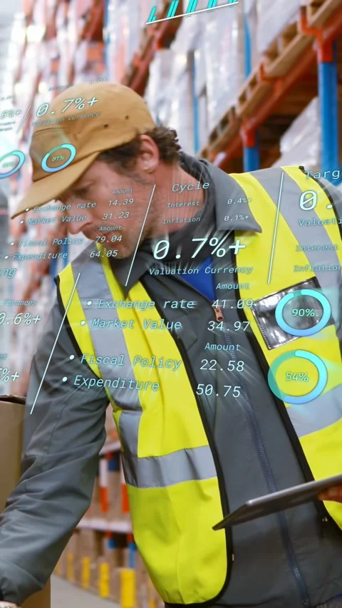 Vertical video: Warehouse tech tapping tablet and showing overlay while checking Stock Footage 333555927