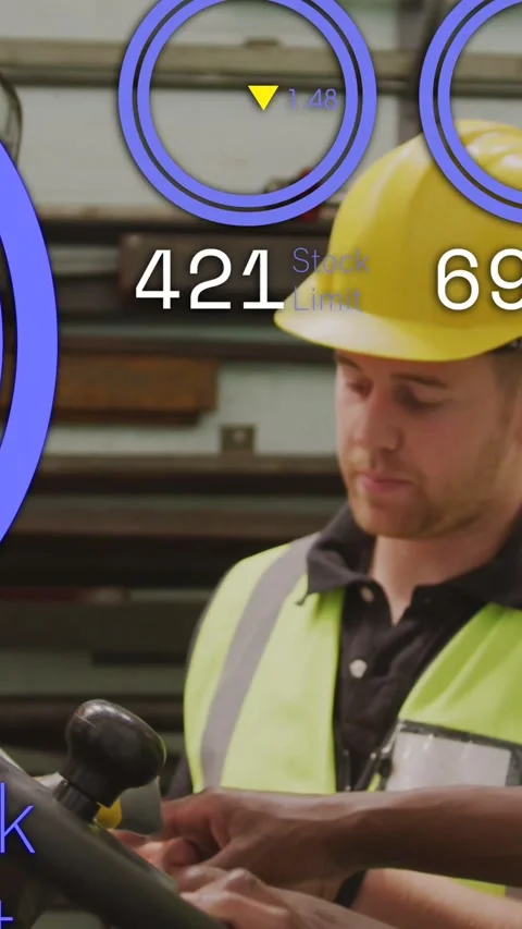 Vertical video: Warehouse worker checking tablet, operator tapping controls, Stock Footage 331128823