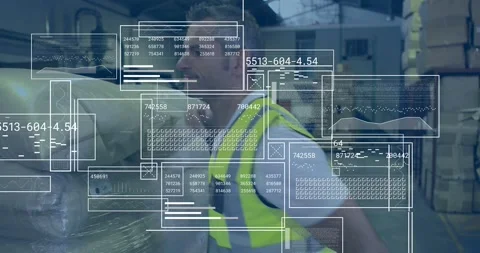 Vertical video: Warehouse worker checking pallet as HUD overlays show live data Stock Footage 334040859