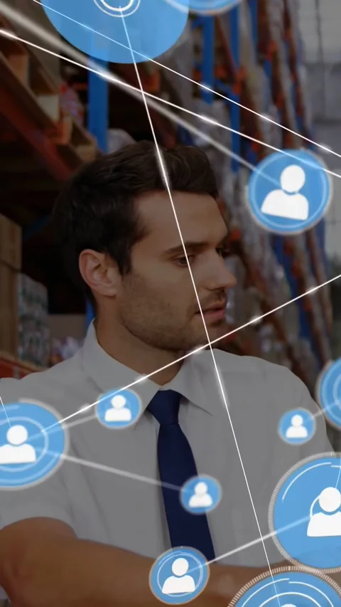 Vertical video: Warehouse worker checking box reaching for blue user icons and Video stock 334319338