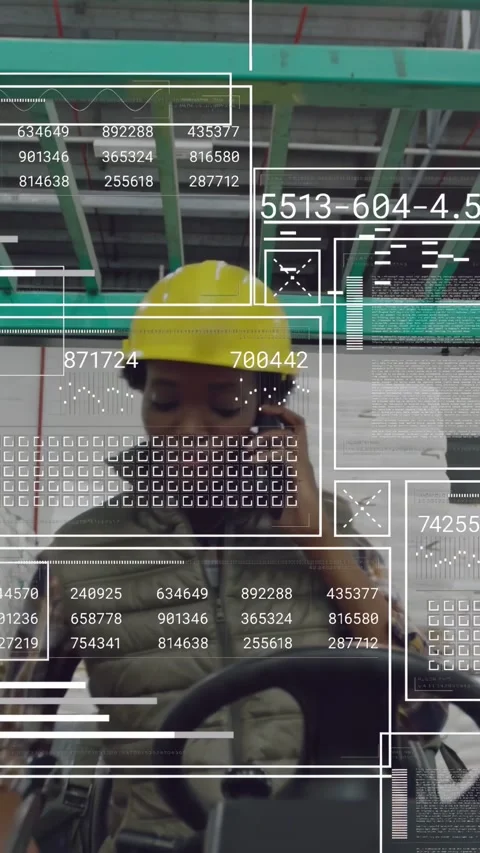 Vertical video: Warehouse worker entering, raising phone, donning yellow hard Stock Footage 333079686