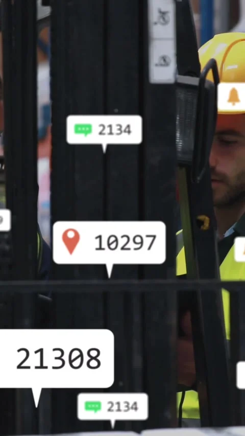 Vertical video: Warehouse worker operating mast controls, causing map pins, Stock Footage 334386429