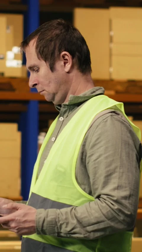 Vertical Video Warehouse worker overseeing pallets details on tablet in busy Stock Footage 333089511