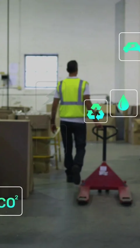 Vertical video: Warehouse worker pulling jack moving boxes, teal CO2 icons Stock Footage 333835979