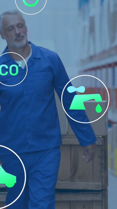 Vertical video: Warehouse worker pushing crate, checking racks while CO2 icons Video stock 331128761
