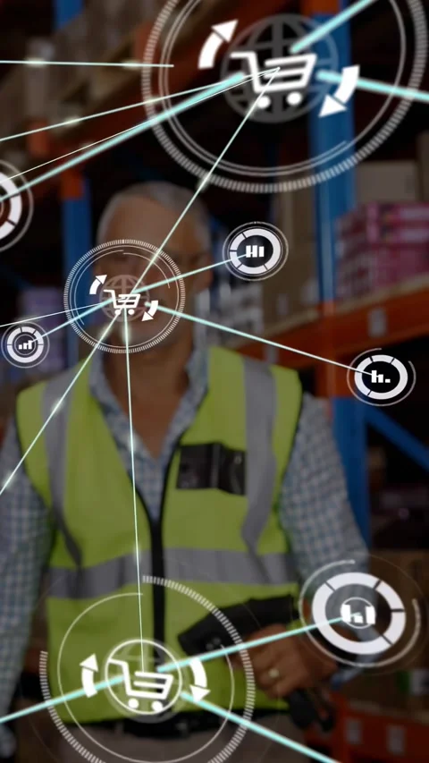 Vertical video: Warehouse worker scanning barcode showing cart HUD linking data Stock Footage 329841265