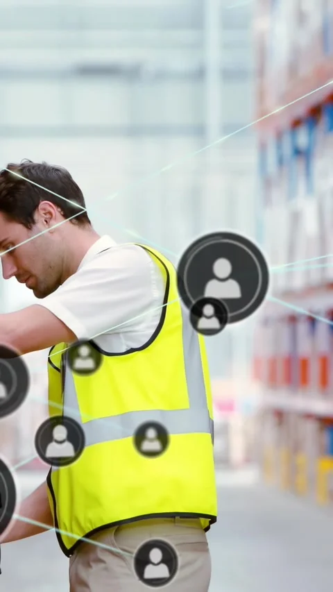 Vertical video: Warehouse worker scanning box with scanner, walking as icons Vidéo 331077674