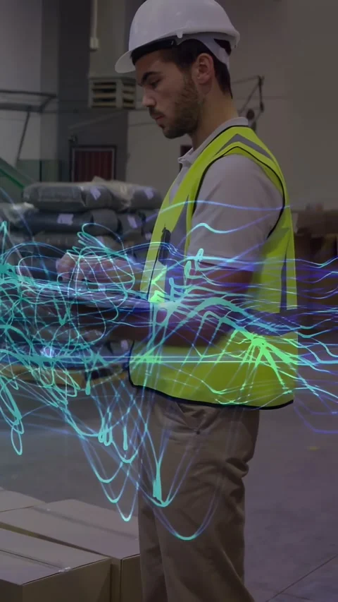Vertical video: Warehouse worker typing on laptop sparking neon waves sweeping Stock Footage 334382295