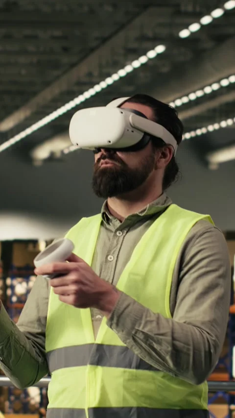 Vertical Video Warehouse worker using virtual reality goggles for logistics Stock Footage 330138886