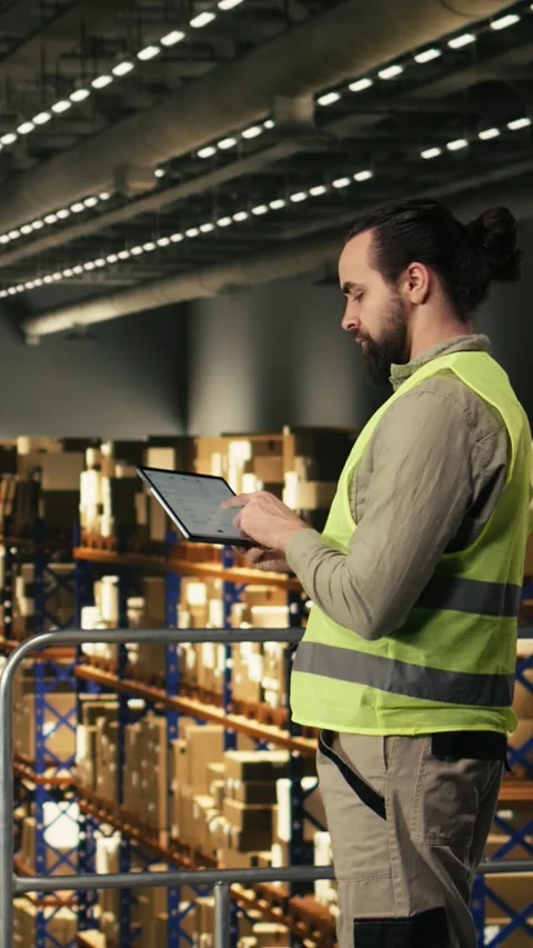 Vertical Video Warehouse worker using airway bills and tracking info on tablet Stock Footage 330139162
