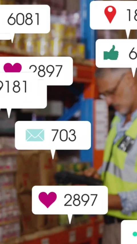 Vertical video: Warehouse worker using scanner causing icons to cluster then Stock Footage 334547054