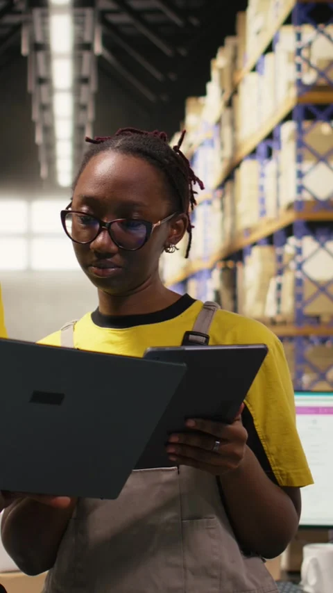 Vertical Video Warehouse workers overseeing parcels tracking info on gadgets Stock Footage 315190564
