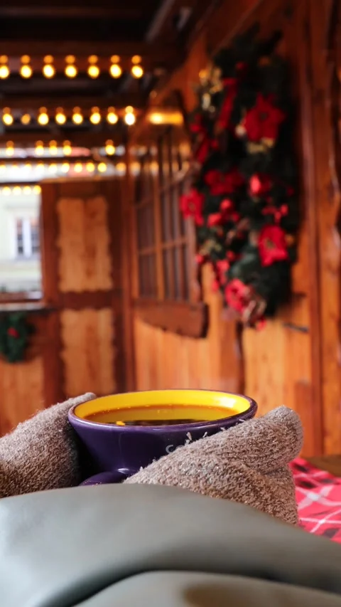 Vertical video. Warm mulled wine held in gloved hands at cozy Christmas mar.. Stock Footage 319826935