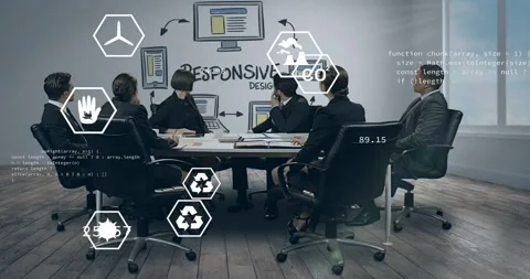 Vertical video: Watching seven in suits tracking hex icons appearing for Stock Footage 331161352